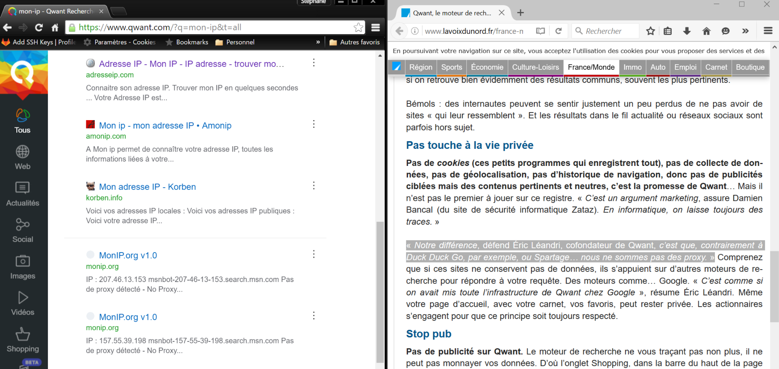 Capture technique rapprochant des résultats Qwant attribués à msnbot d'un article sur la vie privée